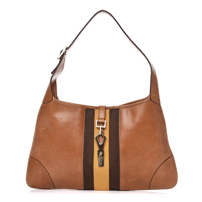 Gucci Calfskin Web Lobster Clasp Lock Jackie O Hobo Brown 1 of 18