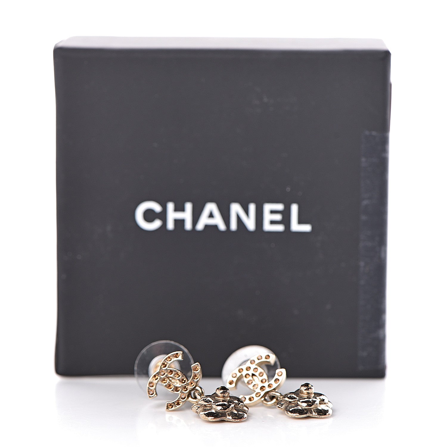 Chanel Crystal CC Camellia Drop Earrings Gold 5 of 5
