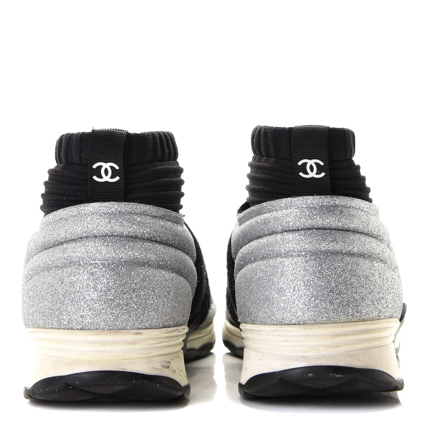 Chanel Glitter Stretch Fabric CC Sneakers 36.5 Black Silver 4 of 11
