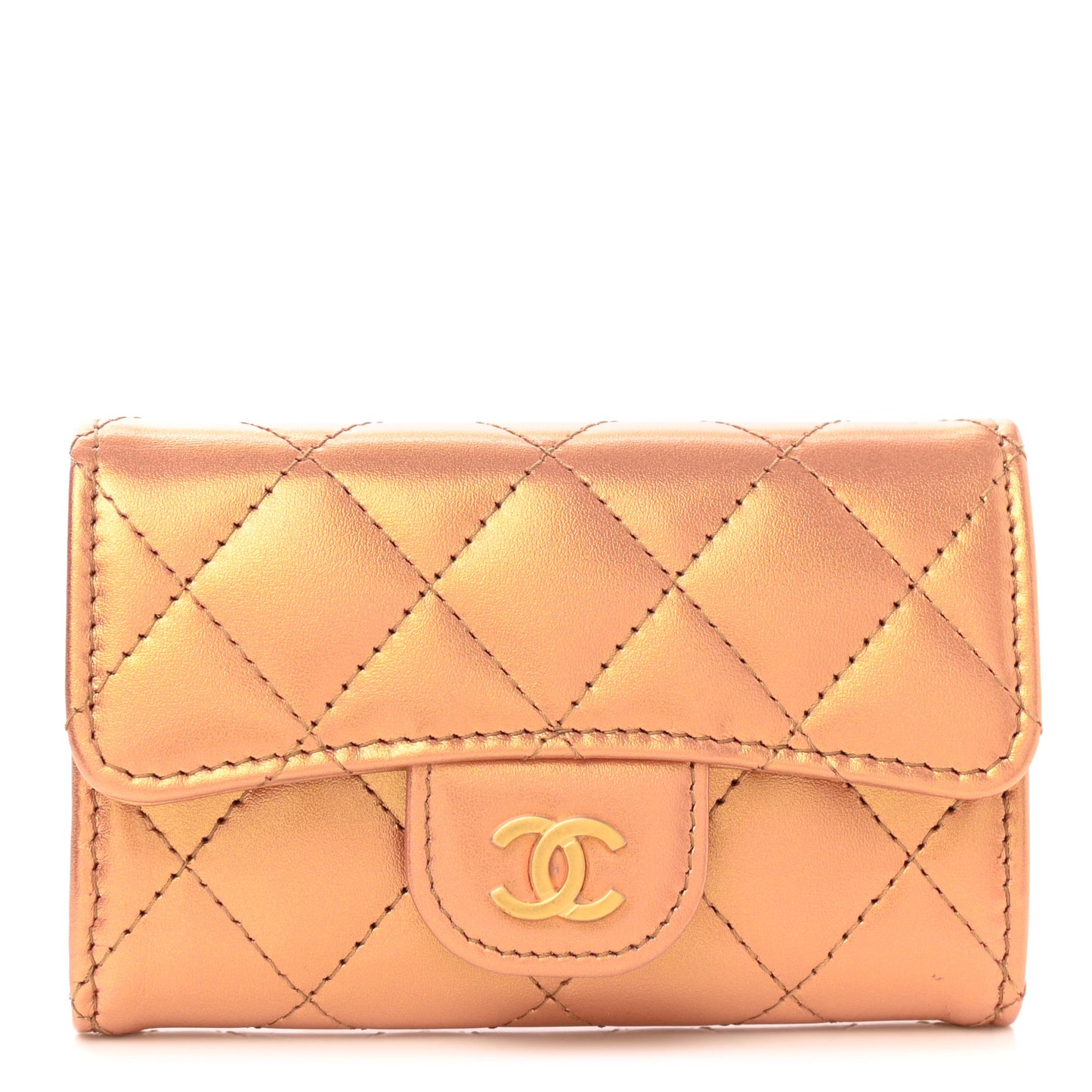Metallic Lambskin Quilted Flap Card Holder Wallet Golden