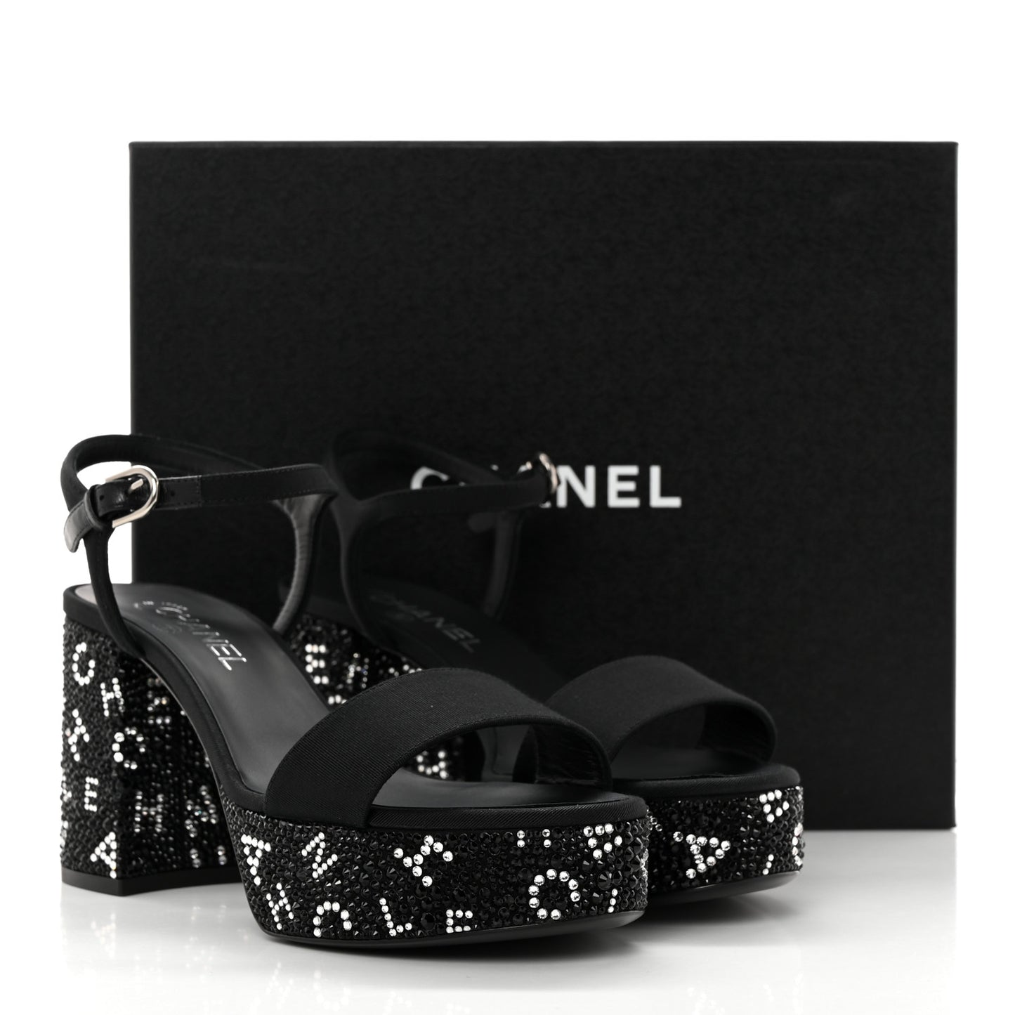 Grosgrain Strass Logo Platform Sandals 39 Black Silver