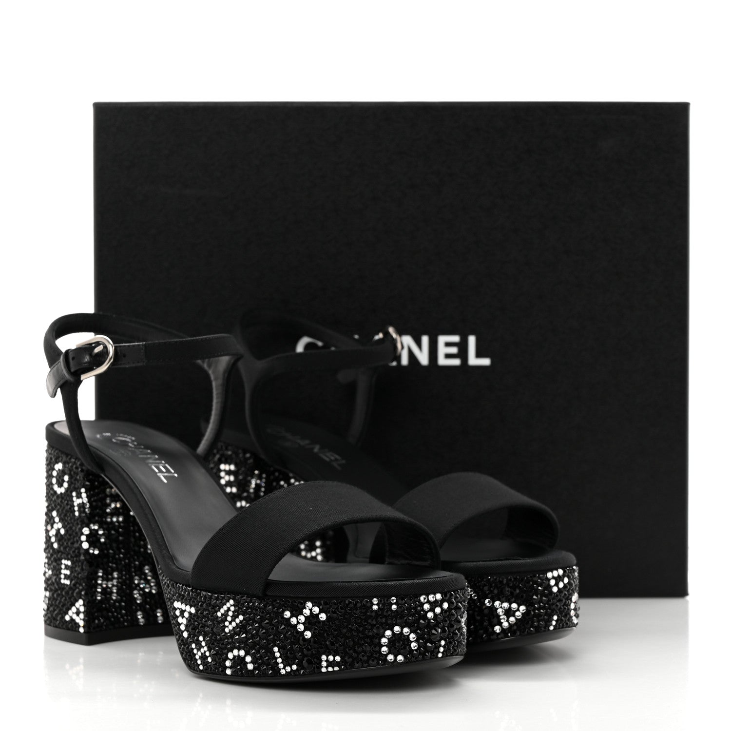 Chanel Grosgrain Strass Logo Platform Sandals 39 Black Silver 11 of 11