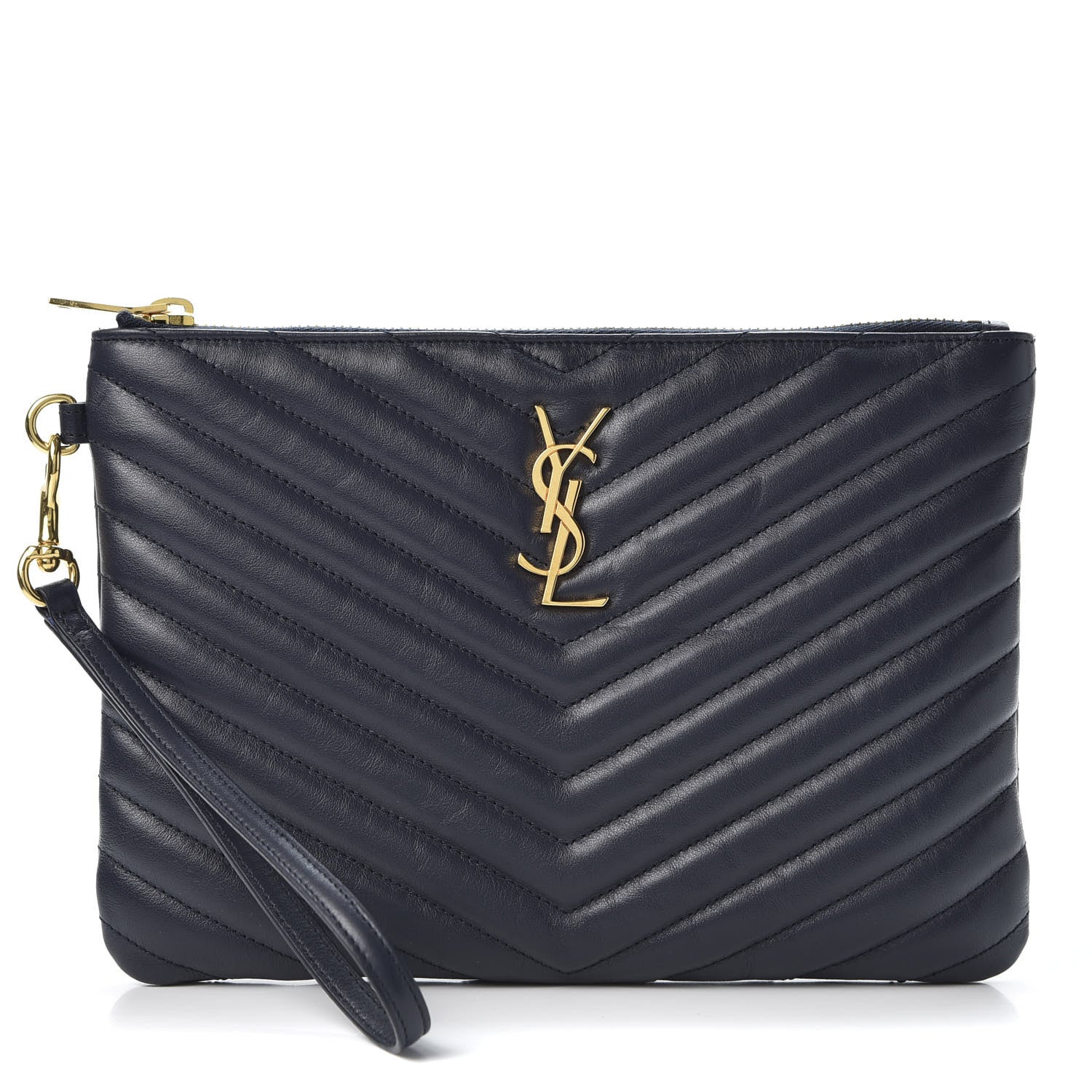 Saint Laurent Calfskin Matelasse Chevron Monogram A5 Wristlet Deep Marine 1 of 9