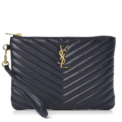 Saint Laurent Calfskin Matelasse Chevron Monogram A5 Wristlet Deep Marine 1 of 9
