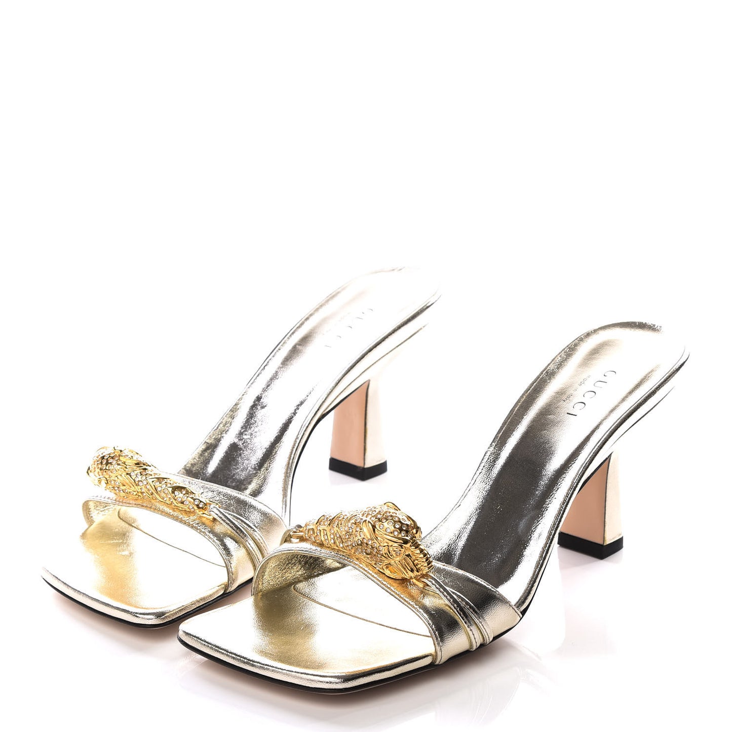Metallic Nappa Dora Tiger Head Mid Heel Slide Sandals 36.5 Gold
