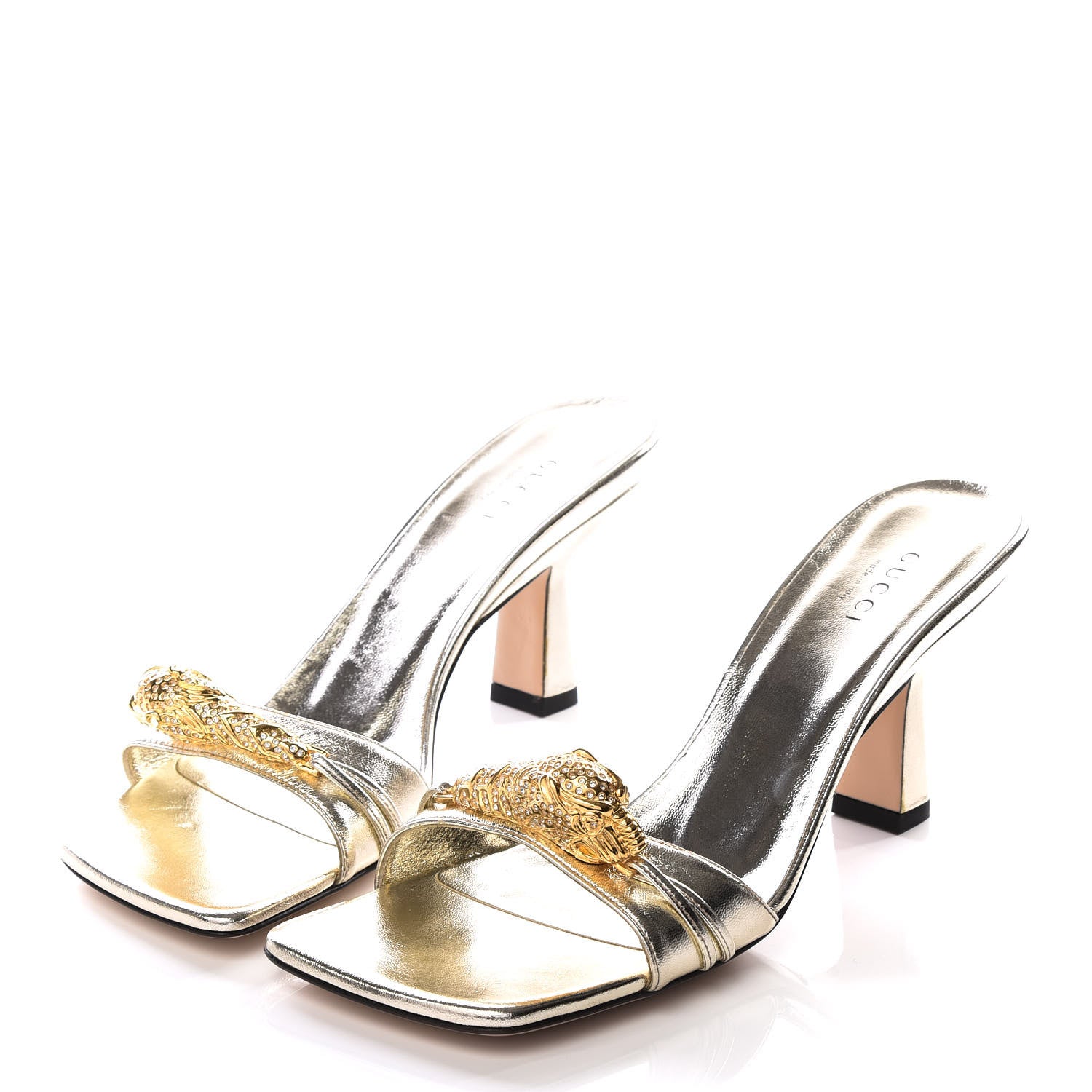 Gucci Metallic Nappa Dora Tiger Head Mid Heel Slide Sandals 36.5 Gold 2 of 9