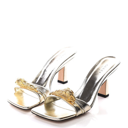Gucci Metallic Nappa Dora Tiger Head Mid Heel Slide Sandals 36.5 Gold 2 of 9