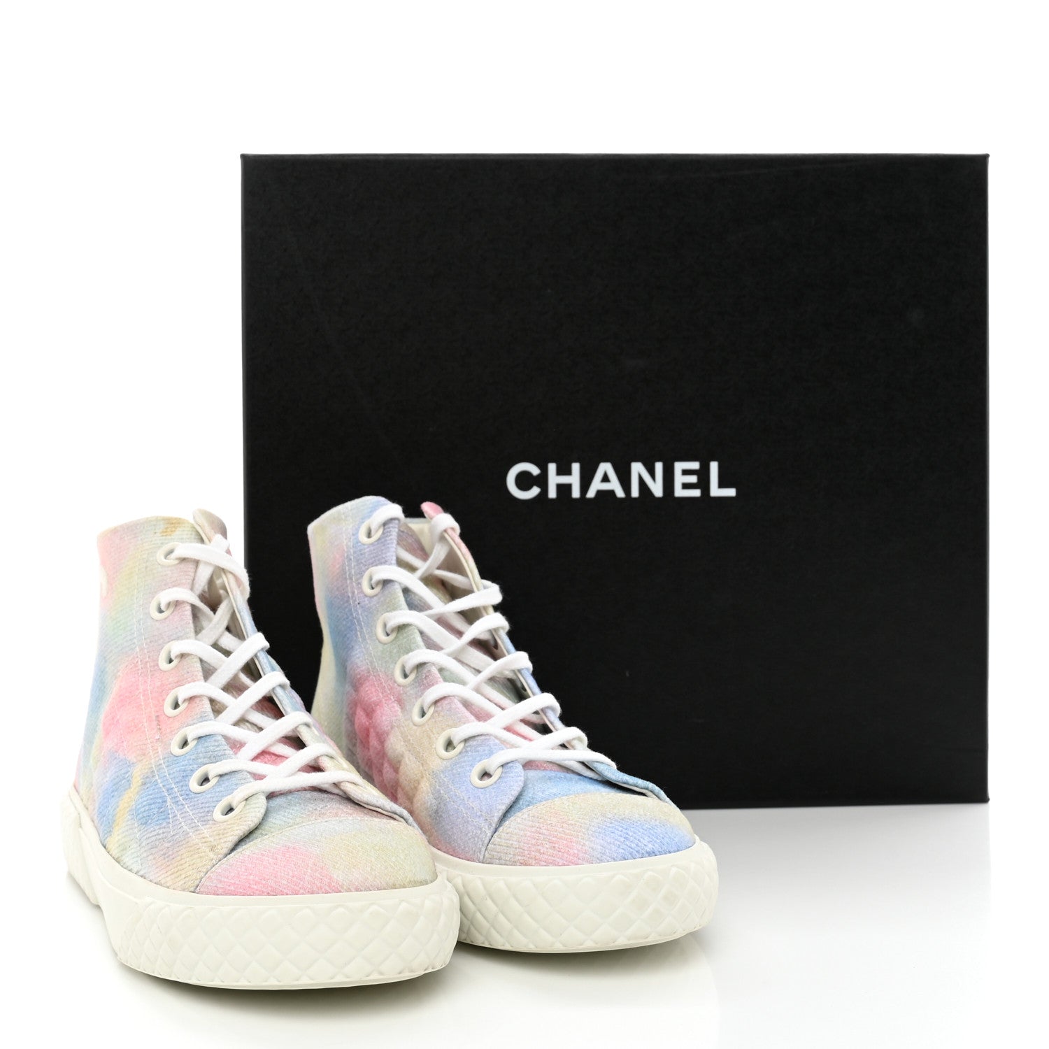 Chanel Printed Fabric High Top CC Sneakers 38 Green Pink Blue White 12 of 12