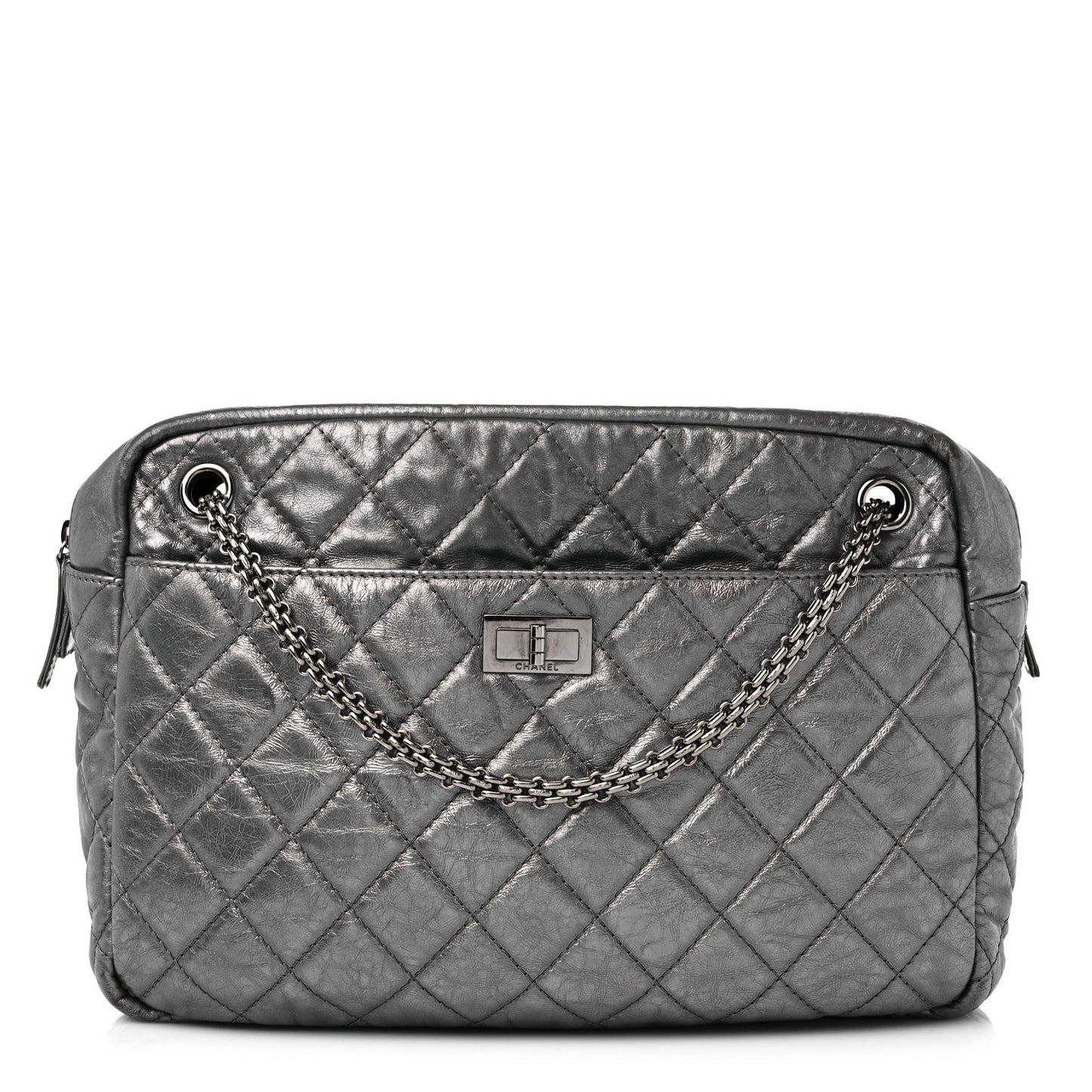 Metallic Aged Calfskin Quilted Large Reissue Camera Case Silver