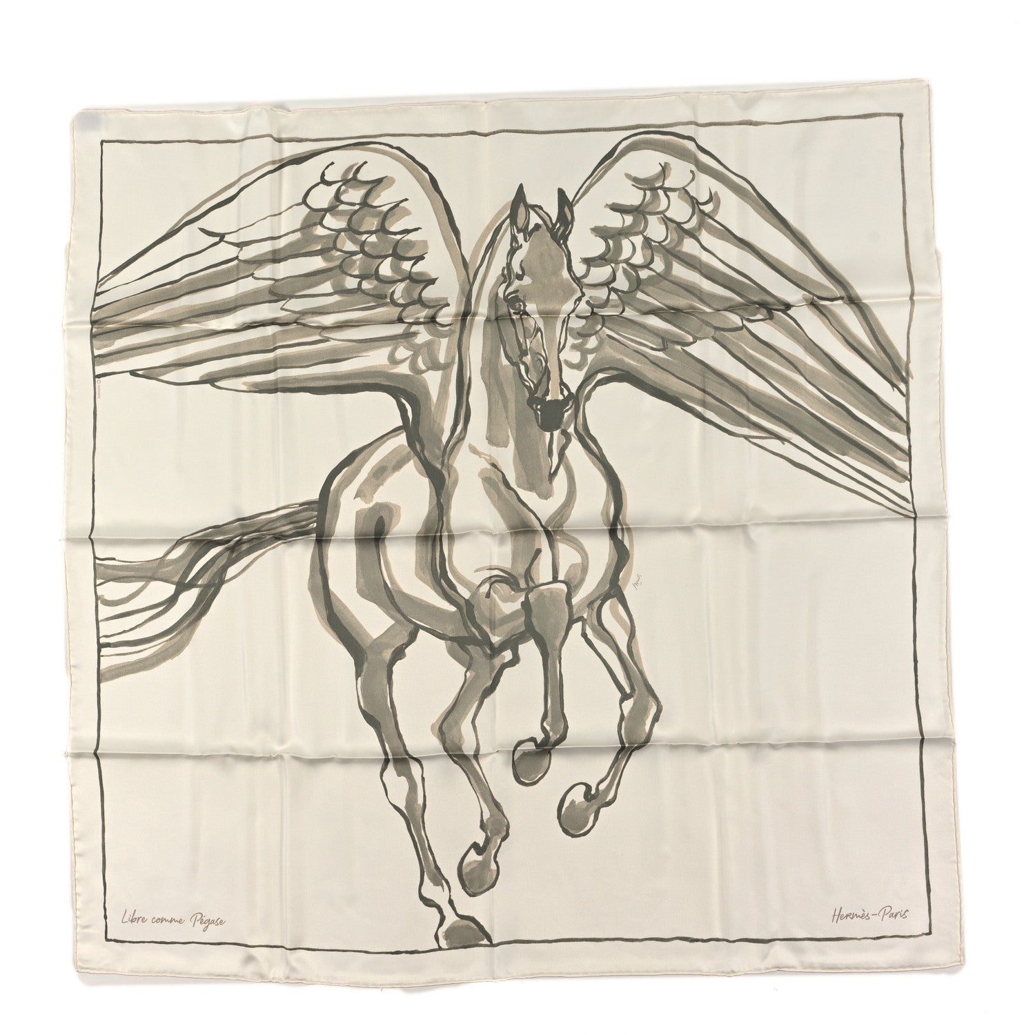 Hermes Silk Libre Comme Pegase Scarf 90 White Argile Kaki 1 of 3