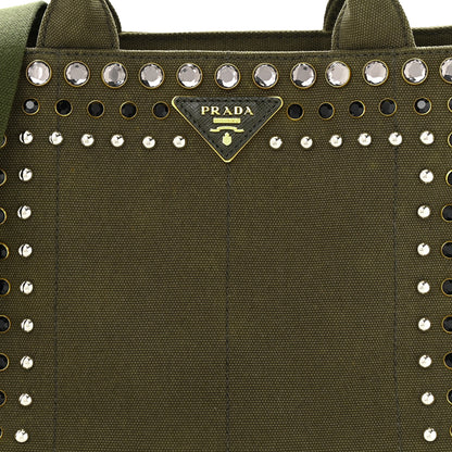 Prada Canvas Studded Crystal Canapa Tote Militare 8 of 10