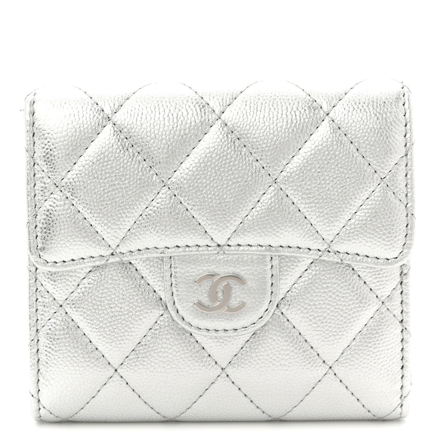 Metallic Caviar Quilted Compact Flap Wallet Silver