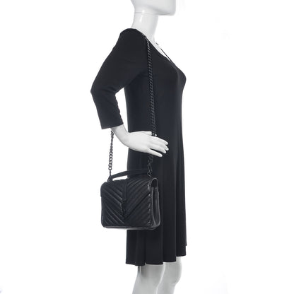 Saint Laurent Sheepskin Matelasse Chevron Monogram Medium College Bag Black 2 of 13