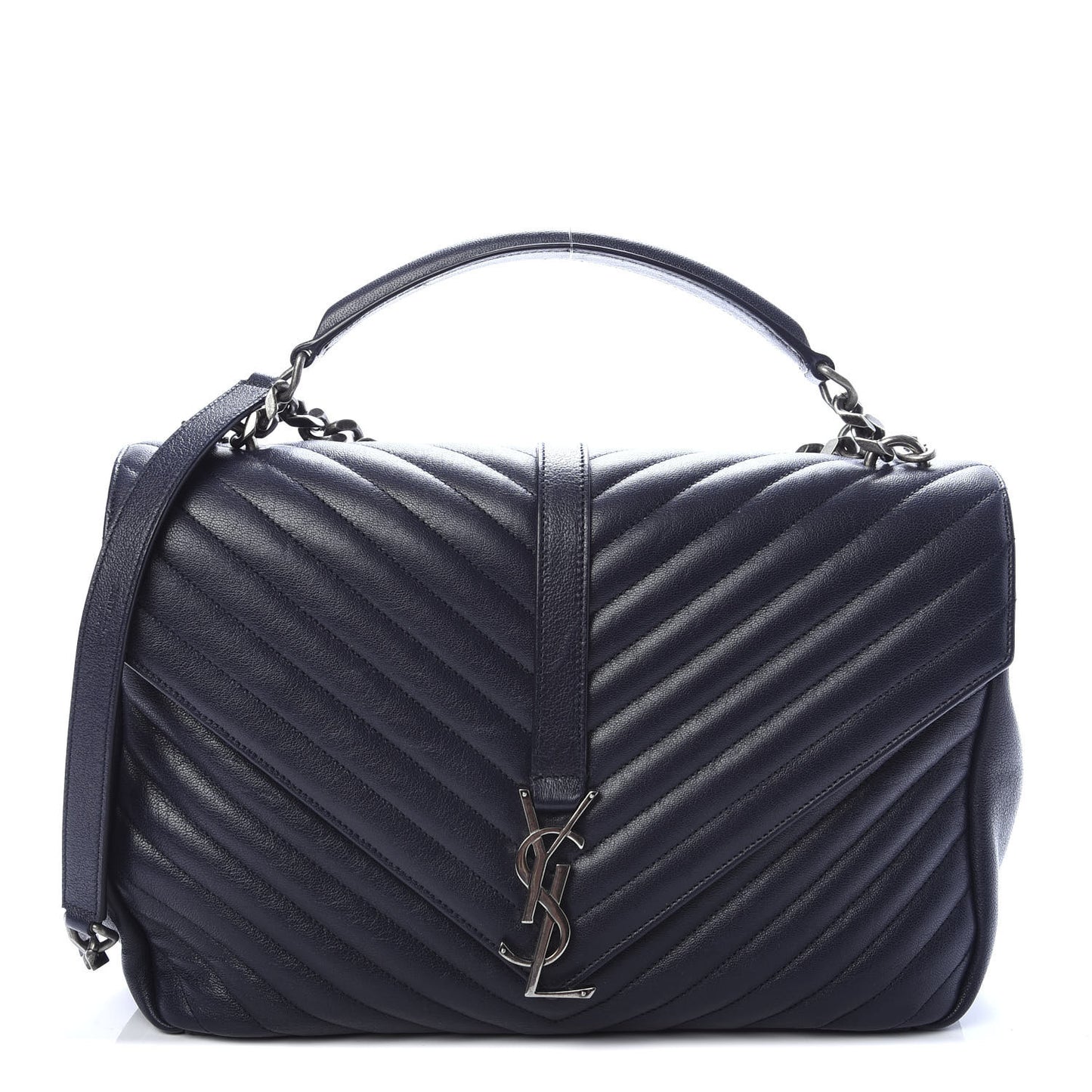 Sheepskin Matelasse Chevron Monogram Large College Satchel Navy Blue