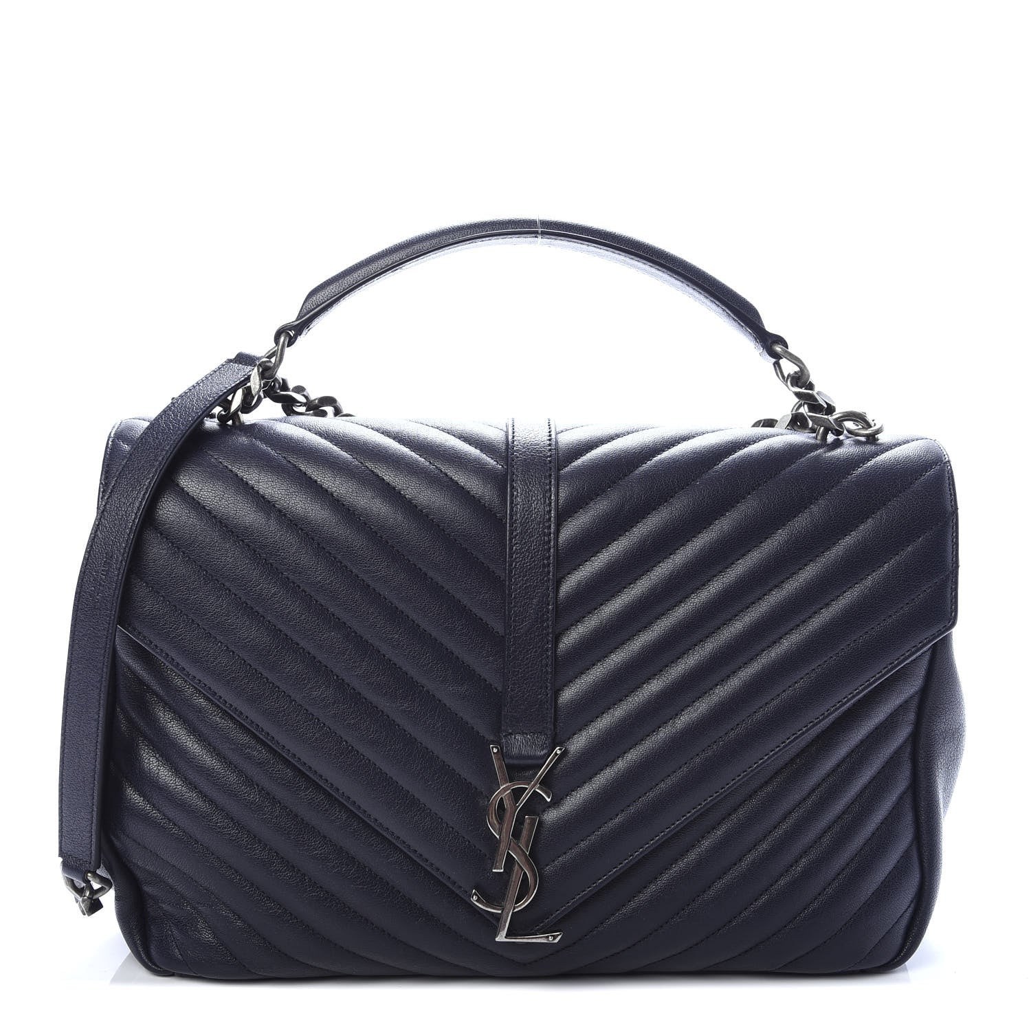 Saint Laurent Sheepskin Matelasse Chevron Monogram Large College Satchel Navy Blue 1 of 9