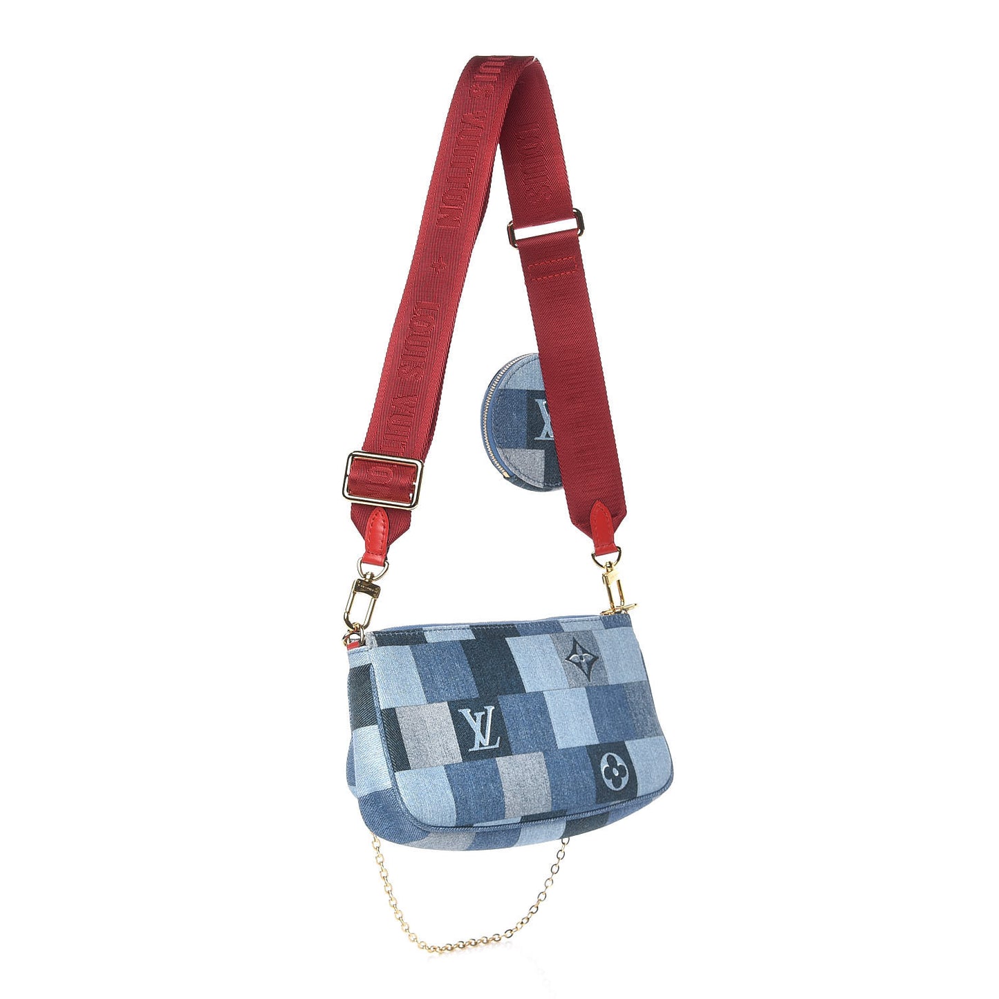 Denim Damier Monogram Patchwork Multi Pochette Accessories Blue Rouge