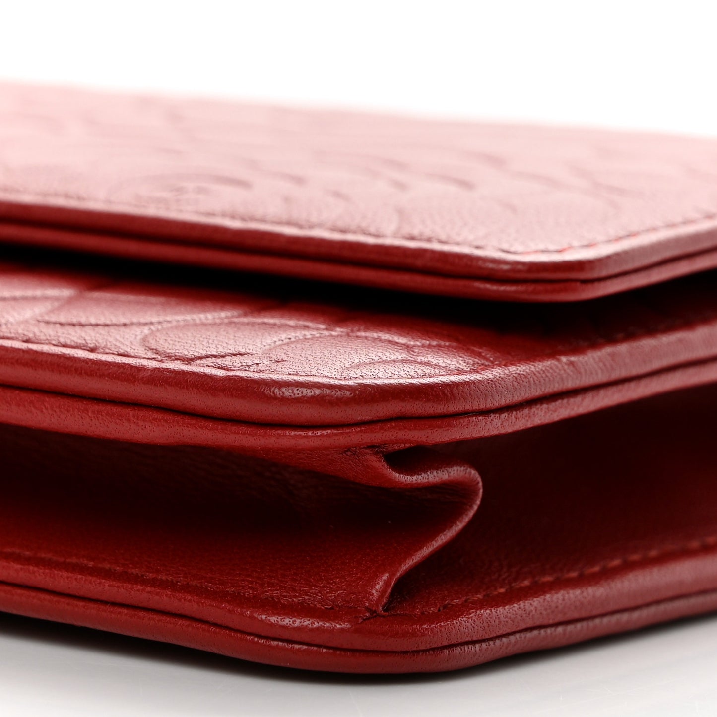 Lambskin Camellia Embossed Wallet on Chain WOC Red