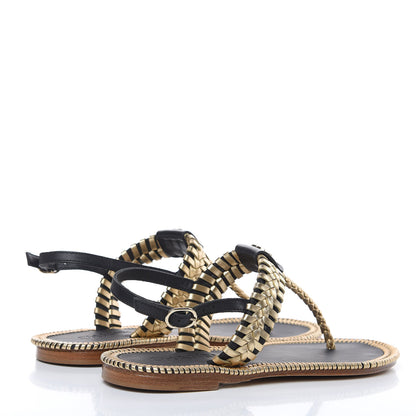 Chanel Metallic Lambskin Calfskin Braided Thong Sandals 38 Black Gold 4 of 8