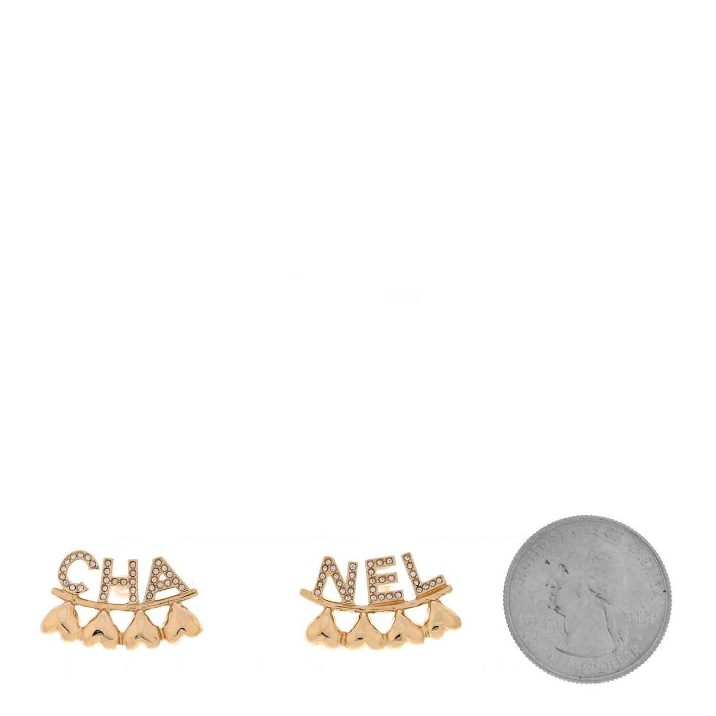 Crystal Heart Cha-Nel Logo Earrings Gold