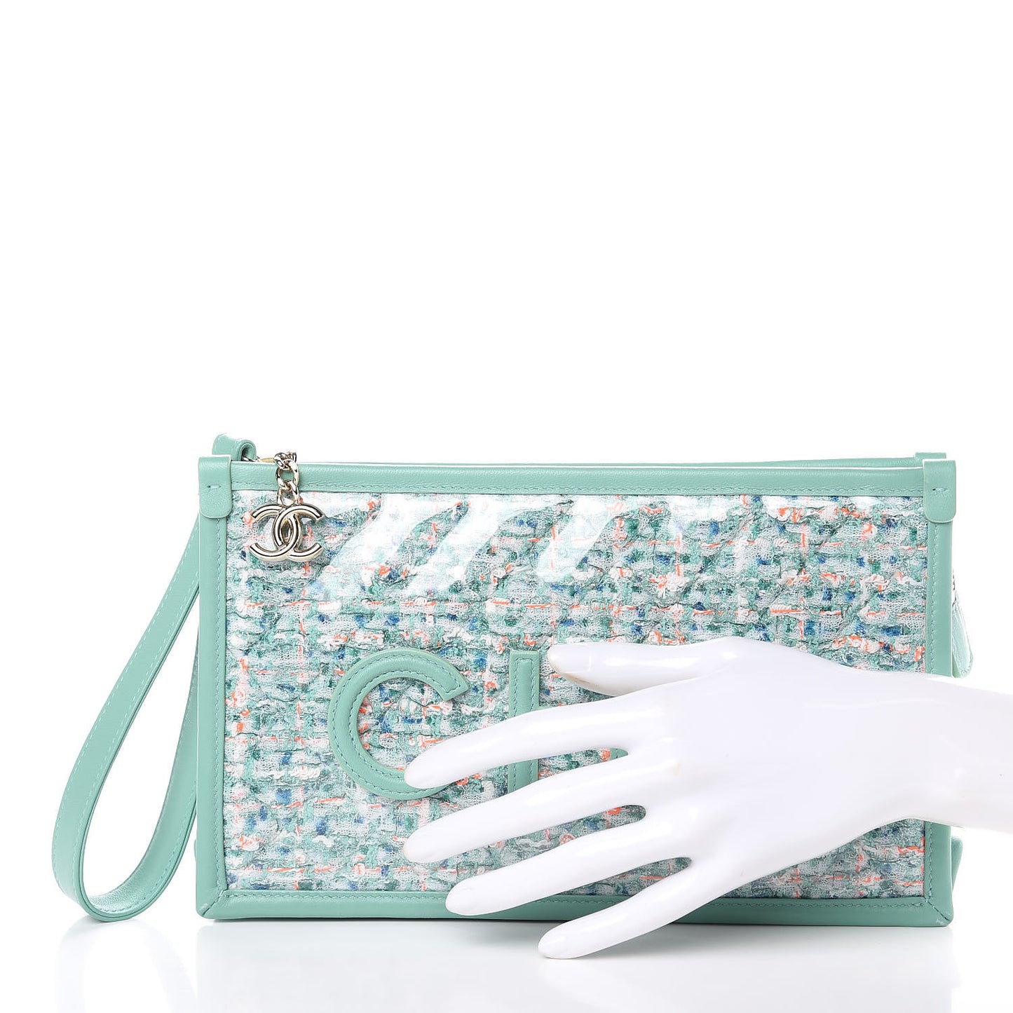 Tweed Lambskin PVC Quilted Wristlet Pouch Green