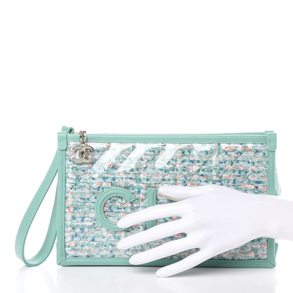 Chanel Tweed Lambskin PVC Quilted Wristlet Pouch Green 2 of 13