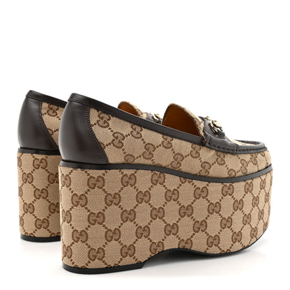 Gucci Canvas GG Monogram Horsebit Calfskin Womens Horsebit Platform Loafers 37.5 Beige Ebony Cocoa 5 of 12