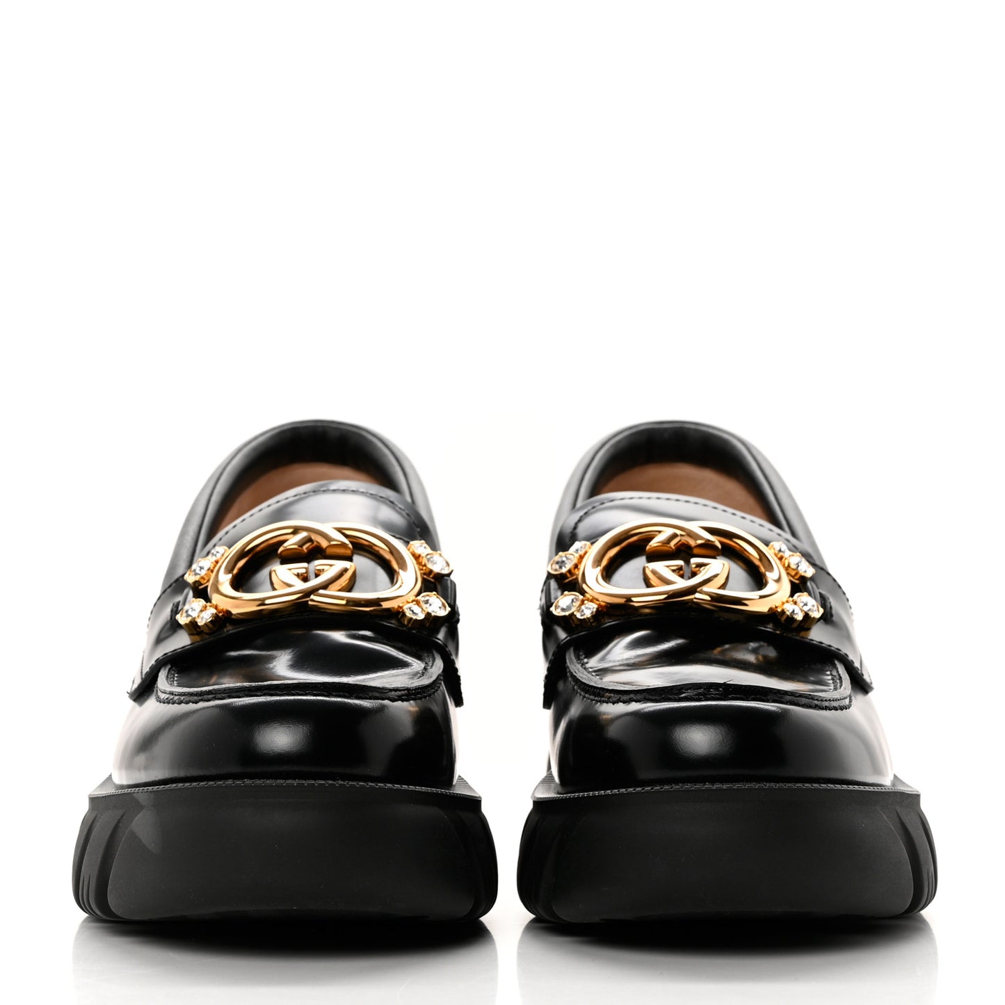 Magnum Calfskin Nappa Crystal Womens Interlocking G Platform Chunky Lug Sole 40mm Loafers 38.5 Black
