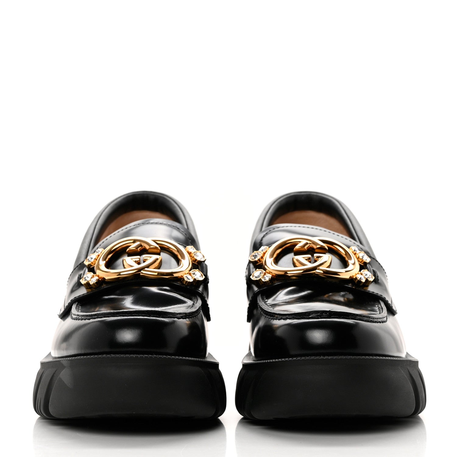 Gucci Magnum Calfskin Nappa Crystal Womens Interlocking G Platform Chunky Lug Sole 40mm Loafers 38.5 Black 2 of 9
