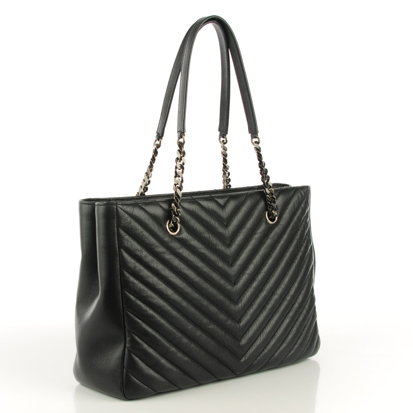 Sheepskin Matelasse Chevron Large Monogram Shopping Bag Black