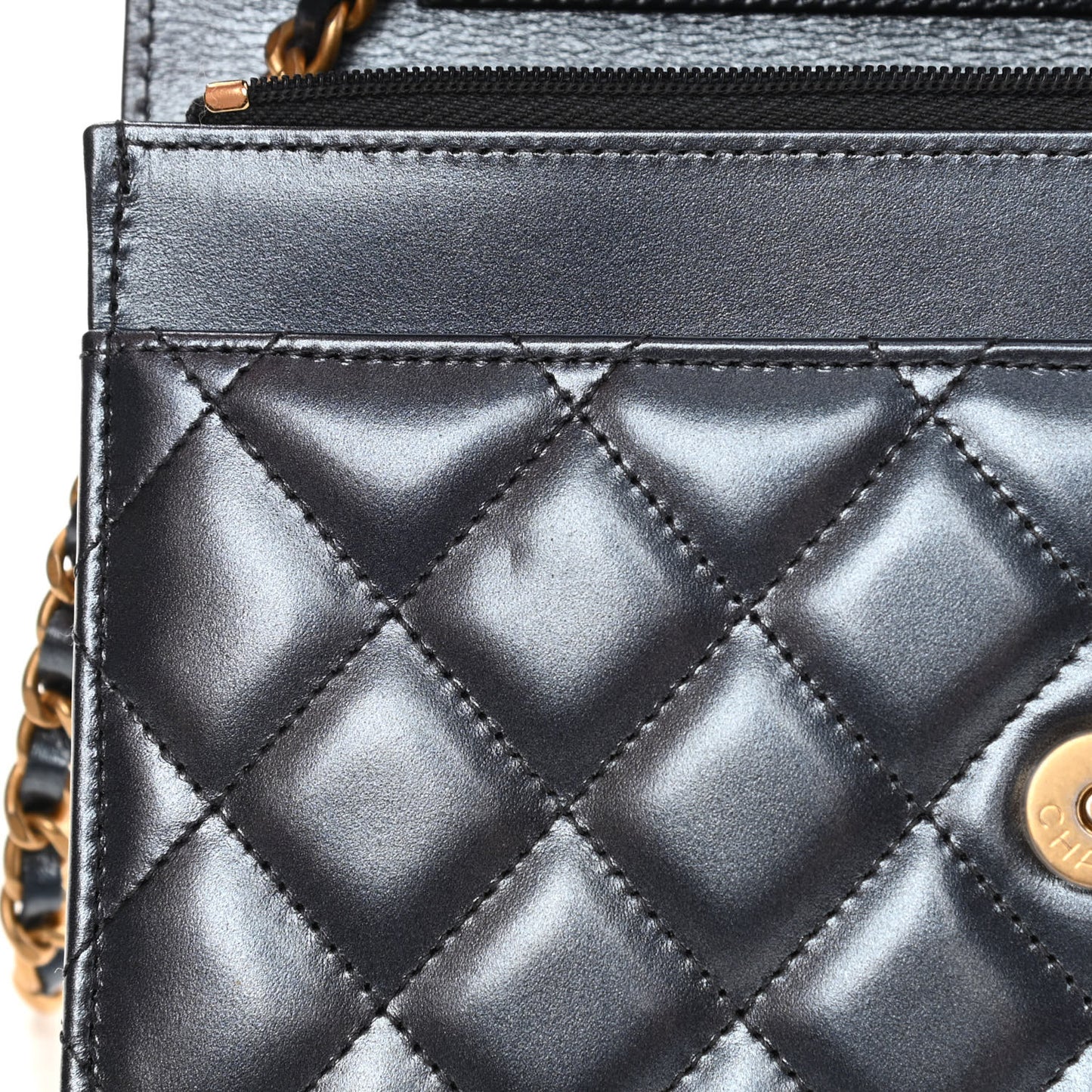 Metallic Lambskin Wallet On Chain WOC Blue