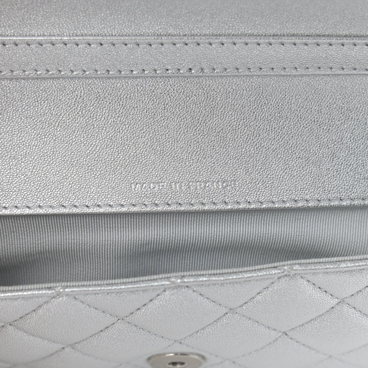 Metallic Lambskin Quilted Glasses Case With Chain Silver