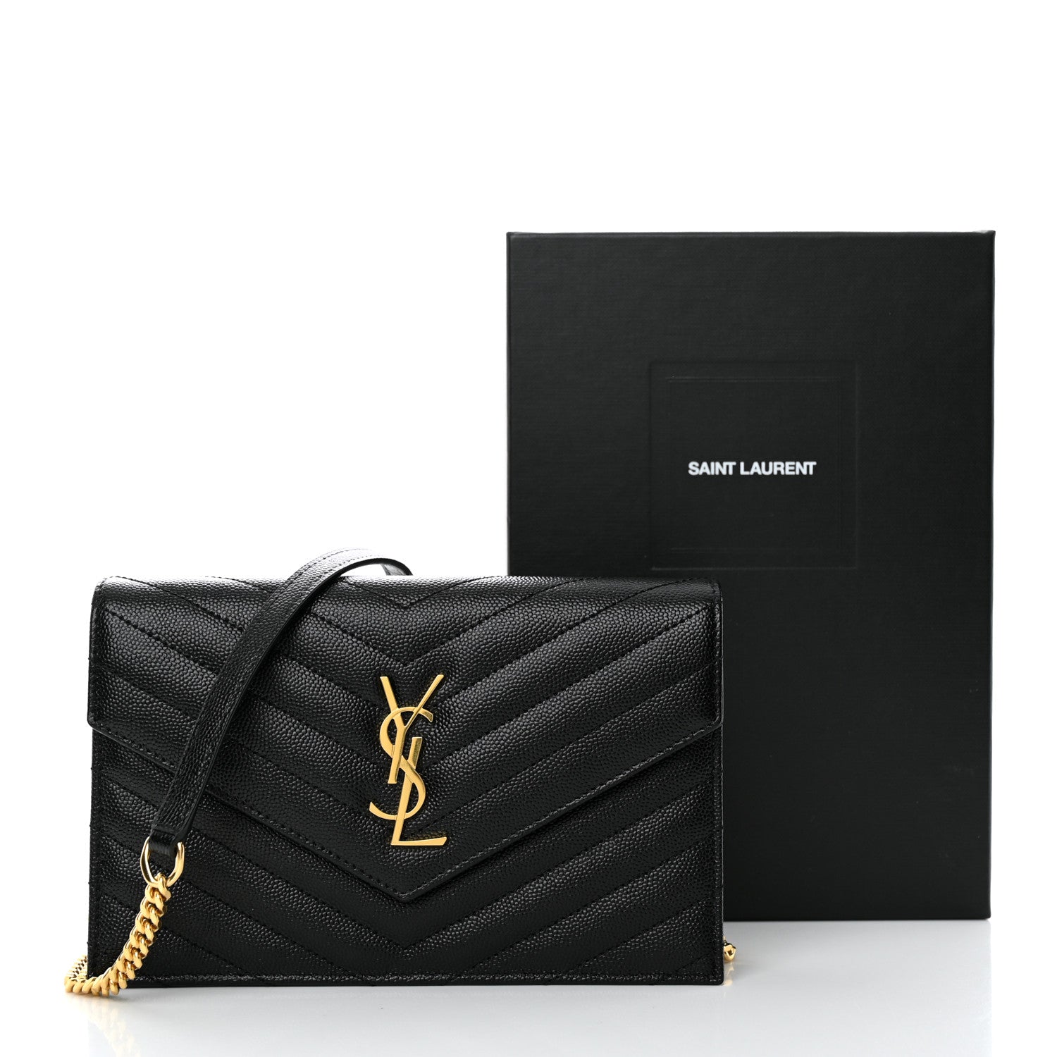 Saint Laurent Grain De Poudre Matelasse Chevron Monogram Envelope Chain Wallet Black 11 of 11