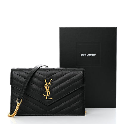 Saint Laurent Grain De Poudre Matelasse Chevron Monogram Envelope Chain Wallet Black 11 of 11