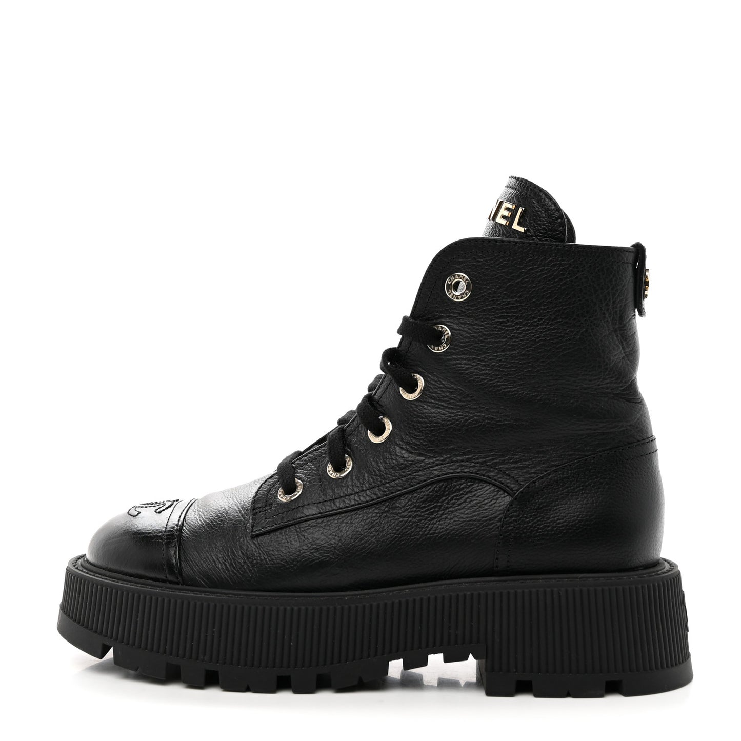Calfskin CC Lace Up Combat Boots 38 Black