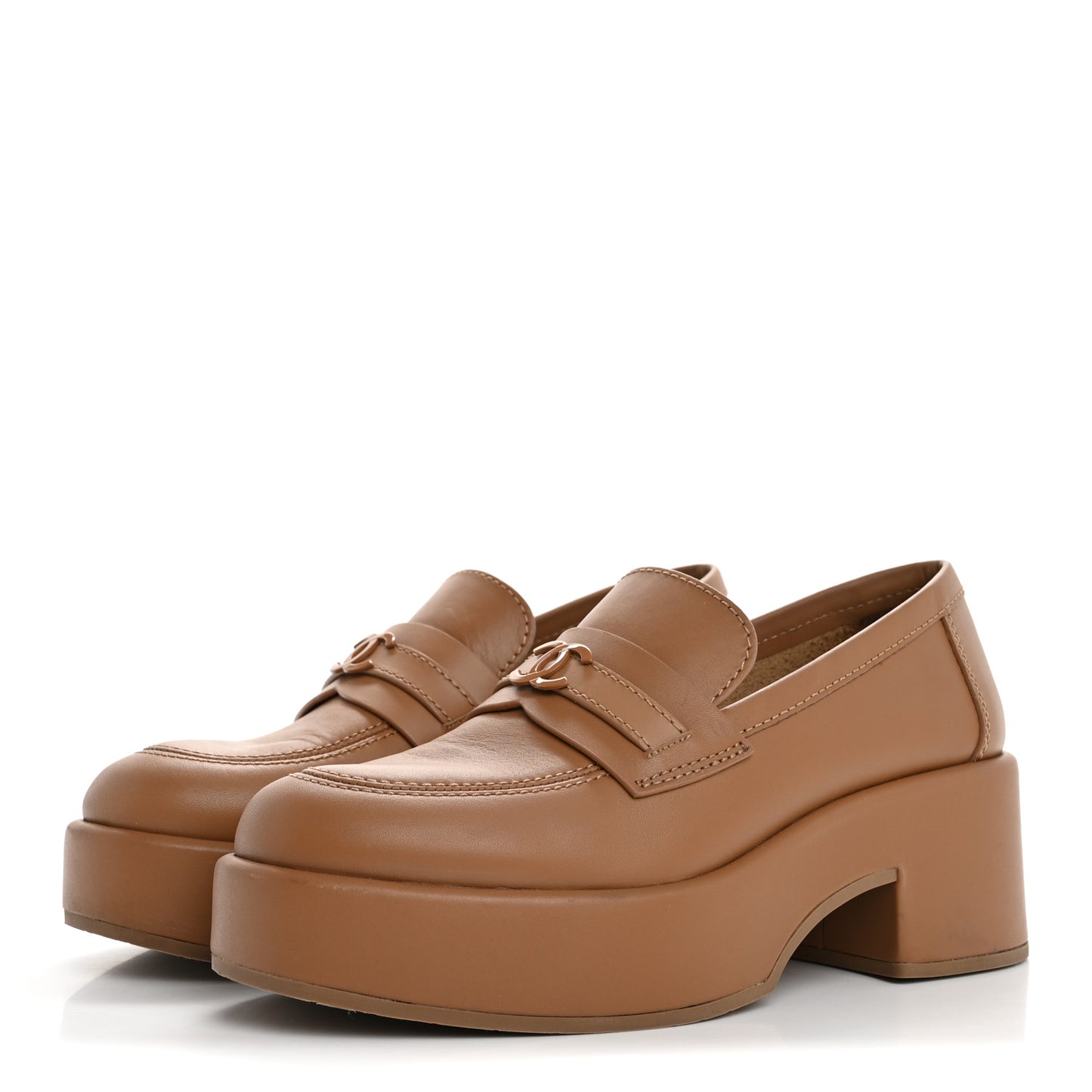 Calfskin CC Platform Loafers 38 Beige