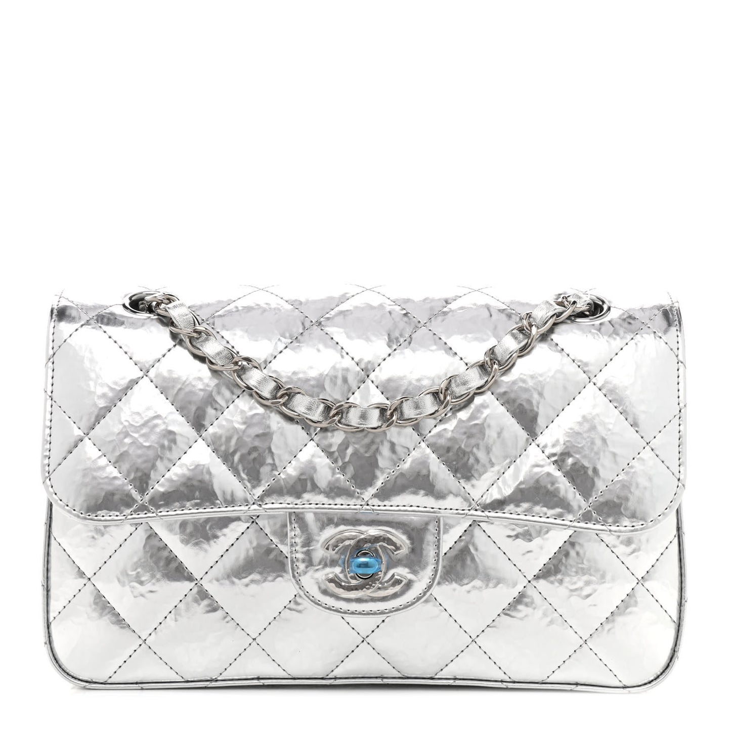 Hammered Metallic Calfskin Quilted Small Double Flap Silver