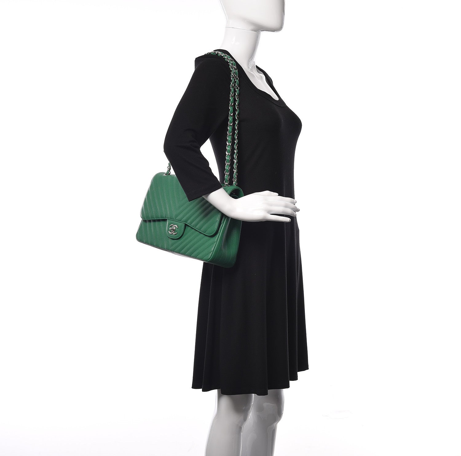 Chanel Caviar Chevron Quilted Jumbo Double Flap Green 2 of 13