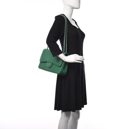 Chanel Caviar Chevron Quilted Jumbo Double Flap Green 2 of 13