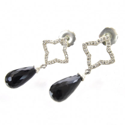 David Yurman Sterling Silver Pave Diamond Quatrefoil Onyx Drop Earrings 1 of 3