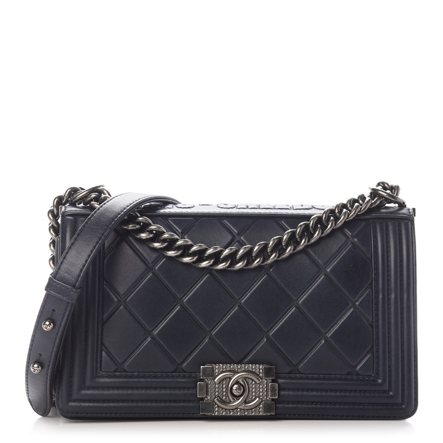 Calfskin Embossed Medium Paris Salzburg Boy Flap Navy