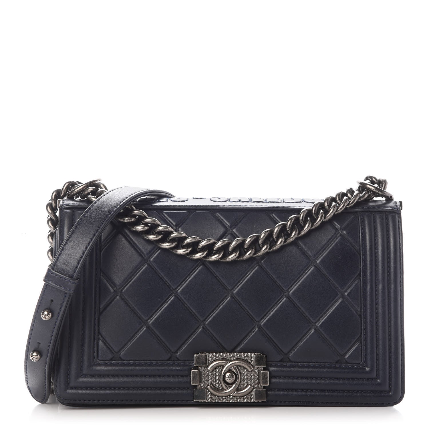 Chanel Calfskin Embossed Medium Paris Salzburg Boy Flap Navy 1 of 11