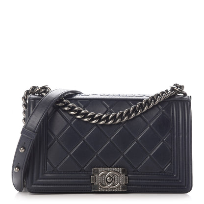 Chanel Calfskin Embossed Medium Paris Salzburg Boy Flap Navy 1 of 11