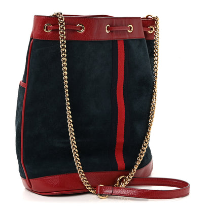 Gucci Suede Calfskin Web Medium Rajah Bucket Bag New Blue Romantic Cherry 3 of 10