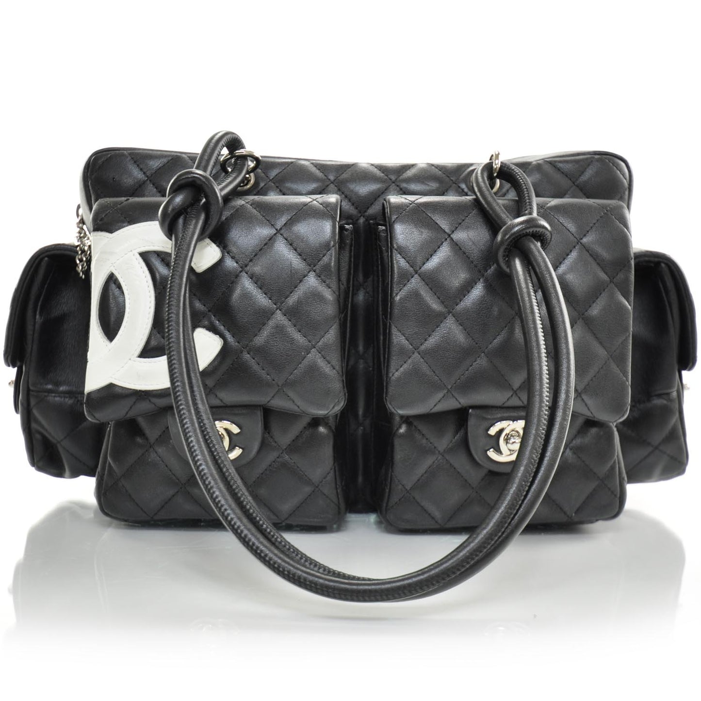 Calfskin Quilted Large Cambon Multipocket Reporter Black White