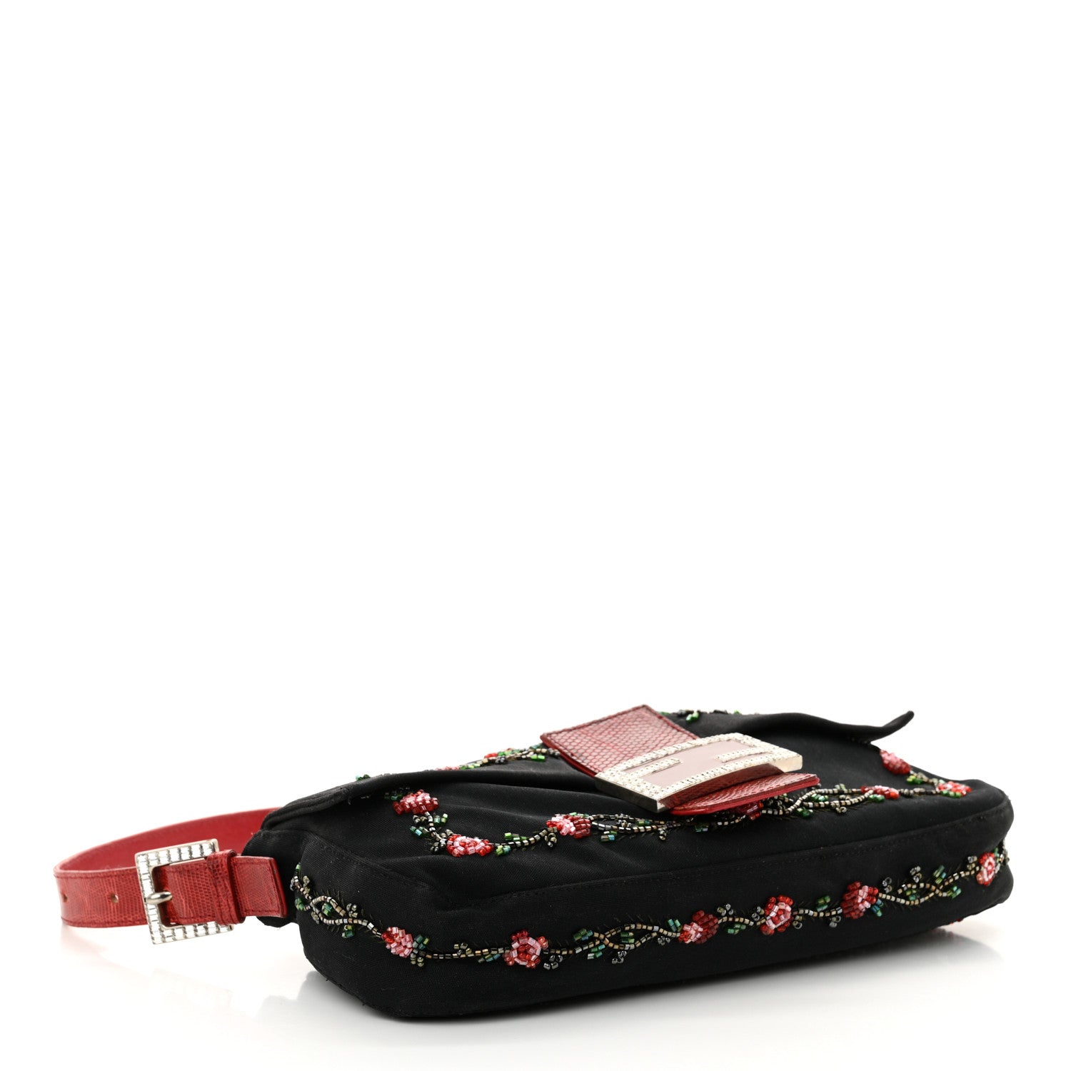Fendi Neoprene Lizard Beaded Crystal Baguette Black Red 4 of 17