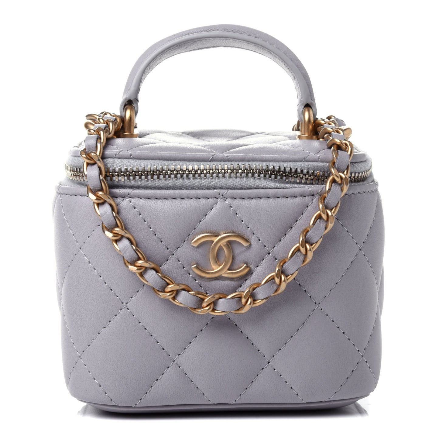 Lambskin Quilted Top Handle Mini Vanity Case With Chain Grey