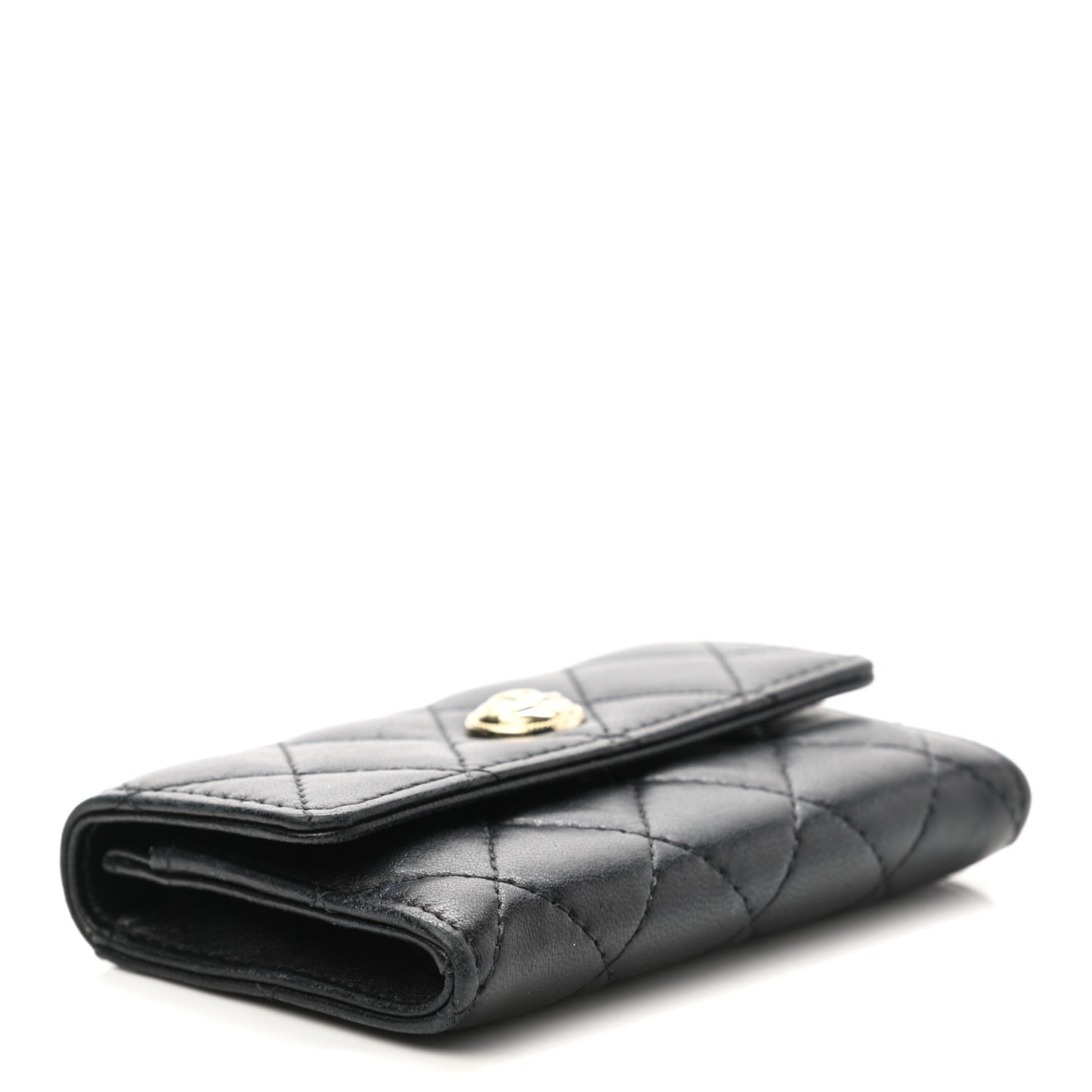 Lambskin Quilted CC Button Flap Card Holder Black