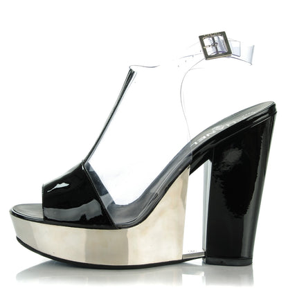 Chanel Patent Chrome Vinyl Wedge Sandals 41 Black 1 of 8