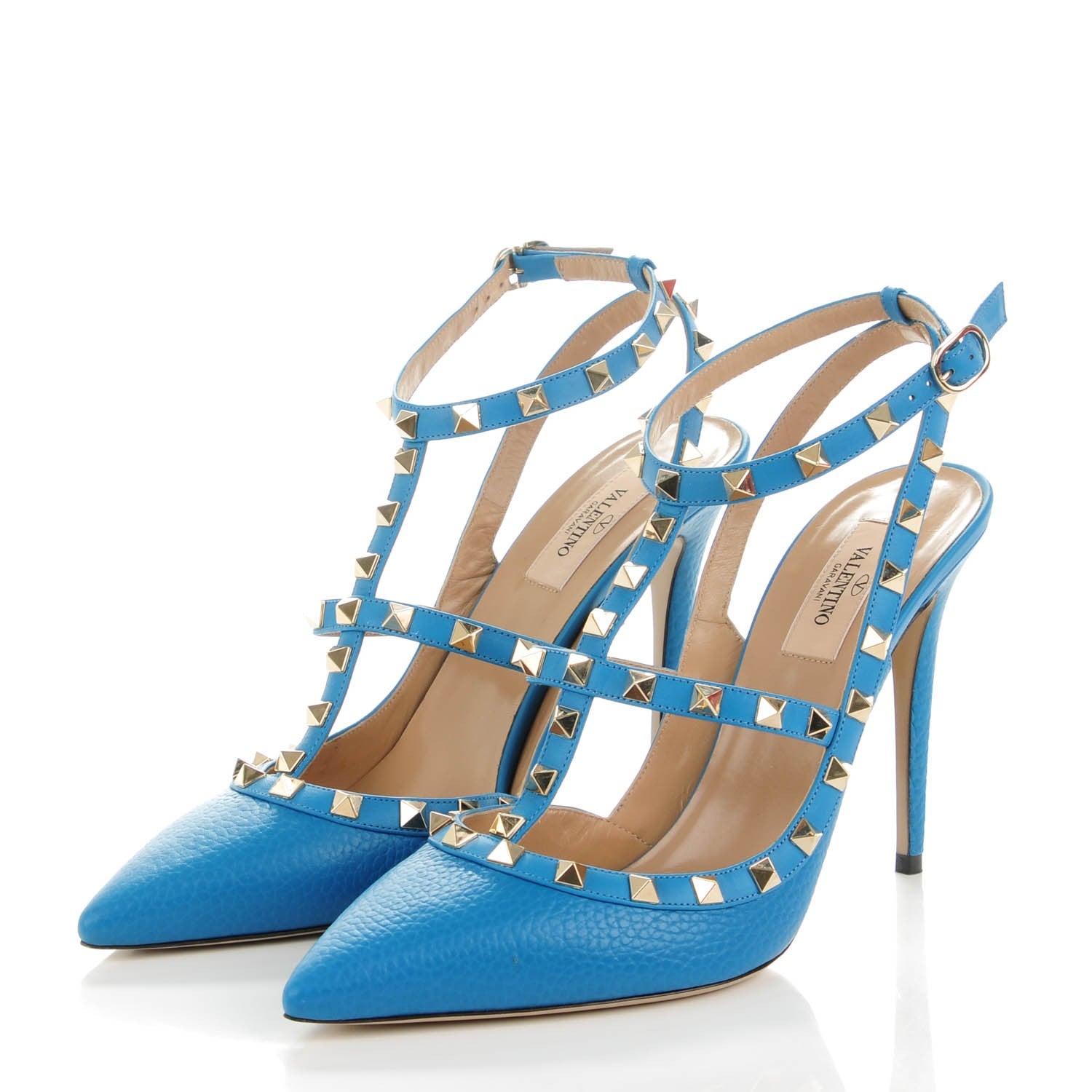 Valentino Garavani Pebbled Calfskin Rockstud Ankle Strap Pumps 41 Light Blue 3 of 8