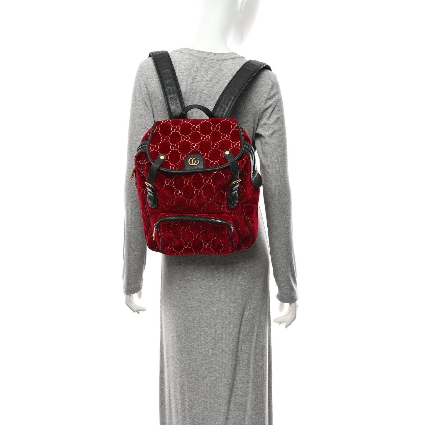 Velvet GG Monogram Textured Calfskin Web Small Double Buckle Backpack Red Cipria Black